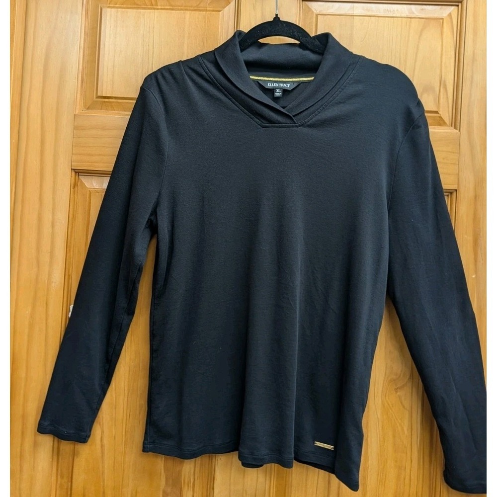 Ellen Tracy Women's XL Knit Top Black Fold Down V Neckline Long Sleeves Pullover